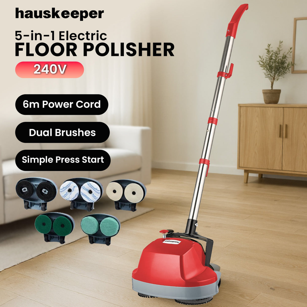 Hauskeeper 5 in 1 Electric 240V Floor Polisher w/ 6M Power Cable Timber Hard Waxer Buffer Clean