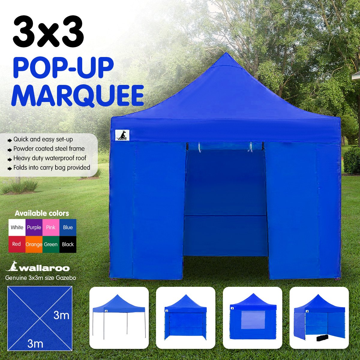 Wallaroo 3x3 PopUp Blue Gazebo Marquee Outdoor Tent