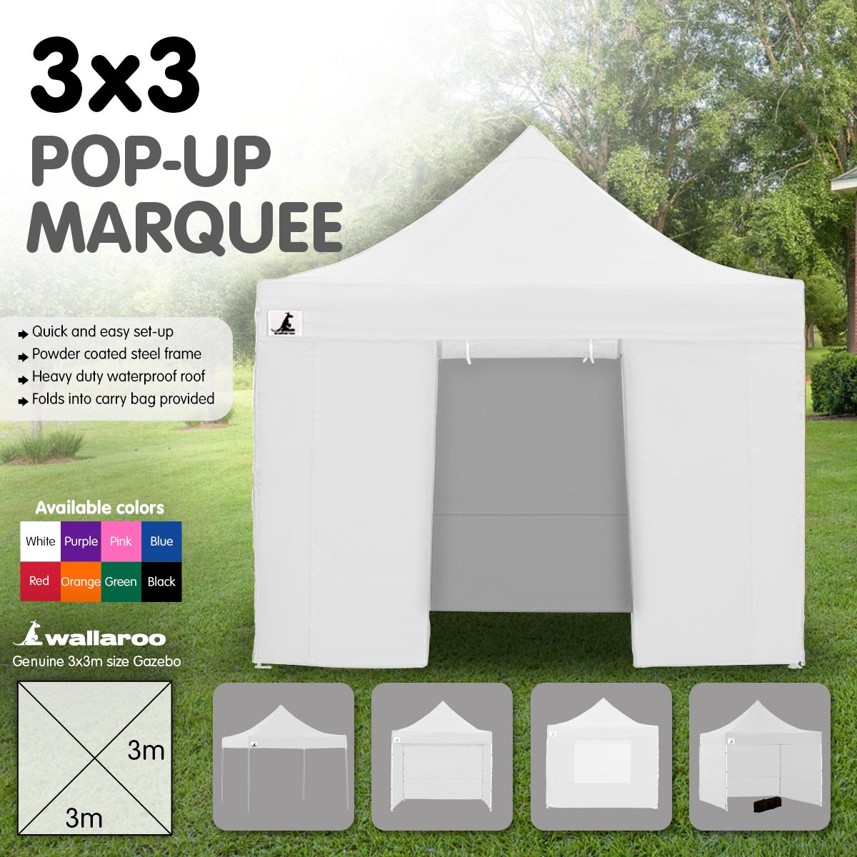 Wallaroo 3x3 PopUp White Gazebo Marquee Outdoor Tent