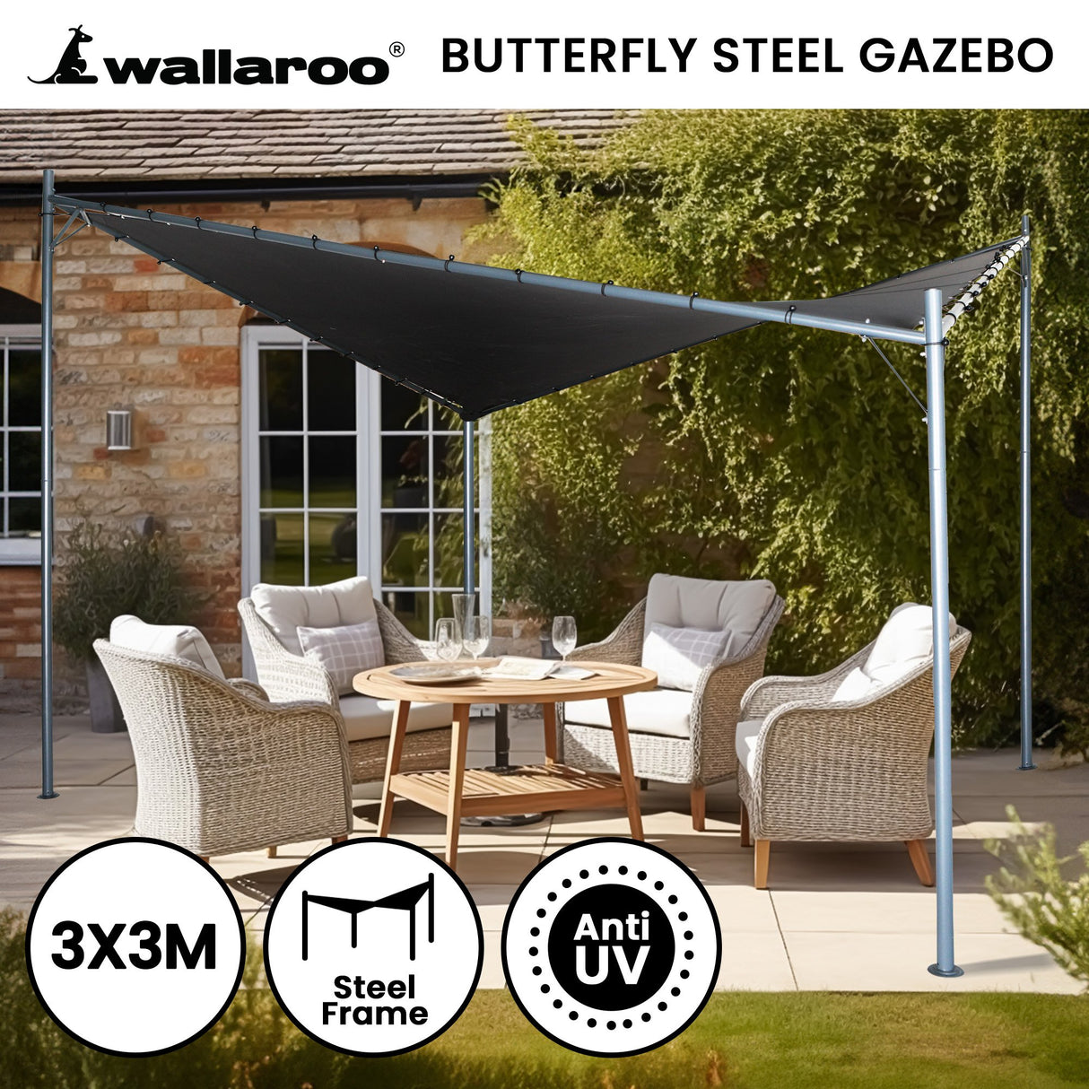Wallaroo 3x3m Butterfly Steel Gazebo - Charcoal