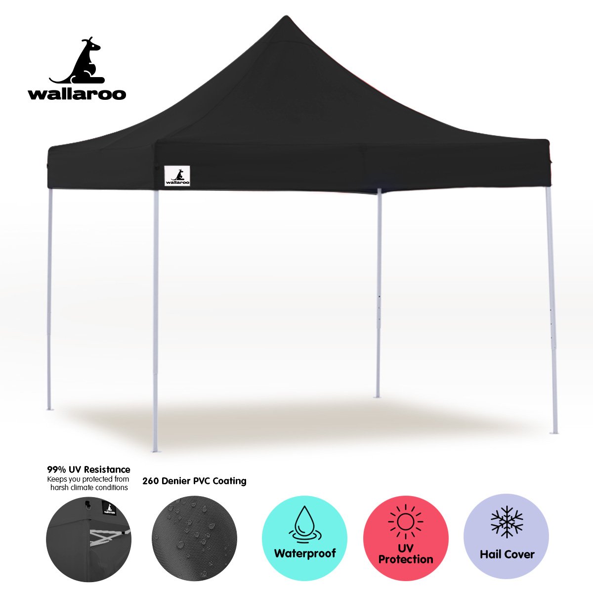 Wallaroo 3x3 PopUp Black Gazebo Marquee Outdoor Tent