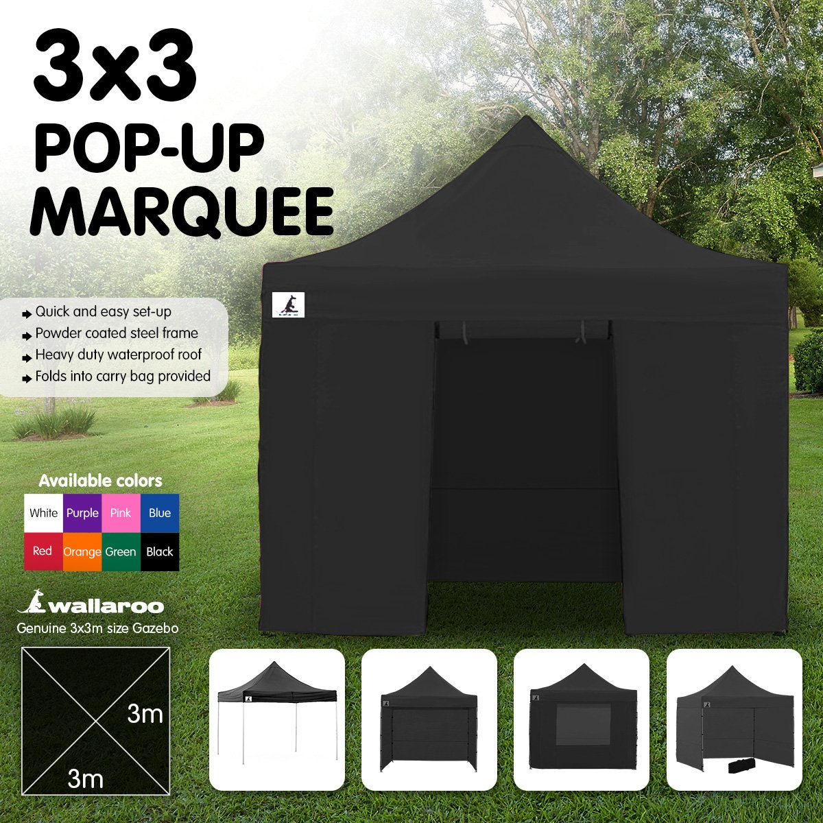 Wallaroo 3x3 PopUp Black Gazebo Marquee Outdoor Tent