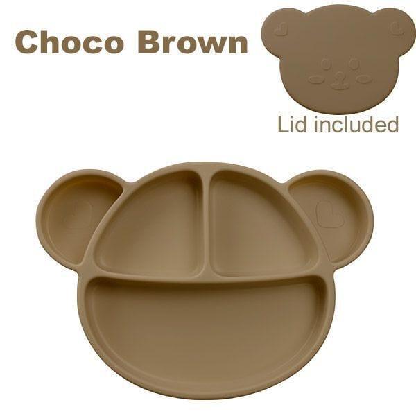 Grosmimi Bear Silicone Suction Food Plate with Silicone Lid Chocolate Brown-2006733467890618374