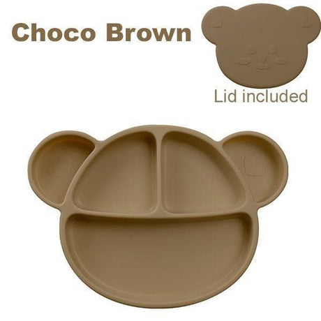 Grosmimi Bear Silicone Suction Food Plate with Silicone Lid Chocolate Brown-2006733467890618374