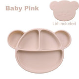 Grosmimi Bear Silicone Suction Food Plate with Silicone Lid Oatmeal - Close-Up Angle