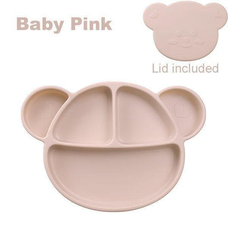 Grosmimi Bear Silicone Suction Food Plate with Silicone Lid Oatmeal-2006733468058390535