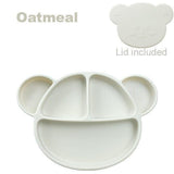 Grosmimi Bear Silicone Suction Food Plate with Silicone Lid Oatmeal - Low Angle