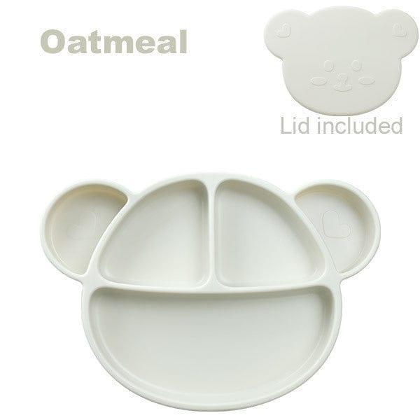 Grosmimi Bear Silicone Suction Food Plate with Silicone Lid Oatmeal-2006733468058390536