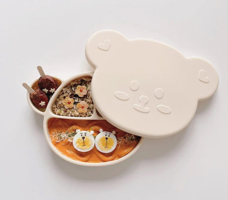 Grosmimi Bear Silicone Suction Food Plate with Silicone Lid Chocolate Brown-2006733467890618368