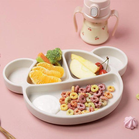Grosmimi Bear Silicone Suction Food Plate with Silicone Lid Vanilla-1954803140985491457