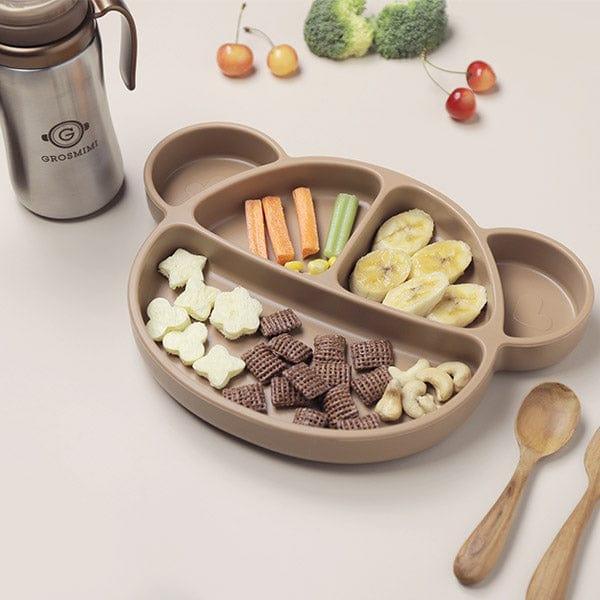 Grosmimi Bear Silicone Suction Food Plate with Silicone Lid Oatmeal-2006733468058390530