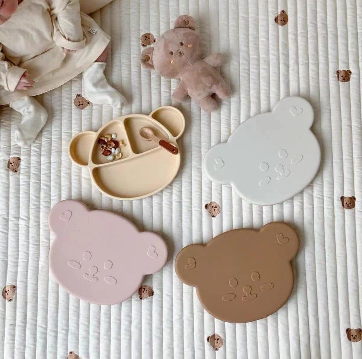 Grosmimi Bear Silicone Suction Food Plate with Silicone Lid Oatmeal-2006733468058390532