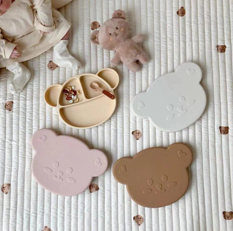 Grosmimi Bear Silicone Suction Food Plate with Silicone Lid Vanilla-1954803140985491460