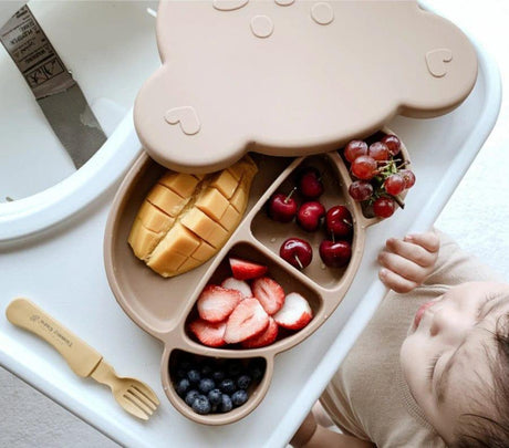 Grosmimi Bear Silicone Suction Food Plate with Silicone Lid Oatmeal-1954803140800942085