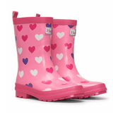 HATLEY Shiny Kids Rain Boots | Scattered Hearts size 8 - Top-Down View
