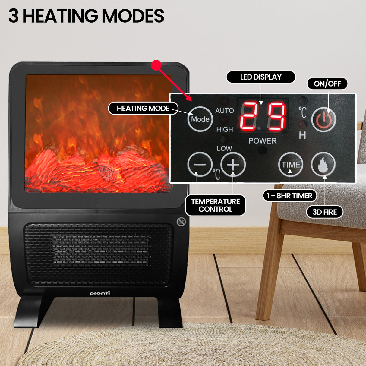 Pronti 2000W 3D Fire PTC Electric Portable Room Heater