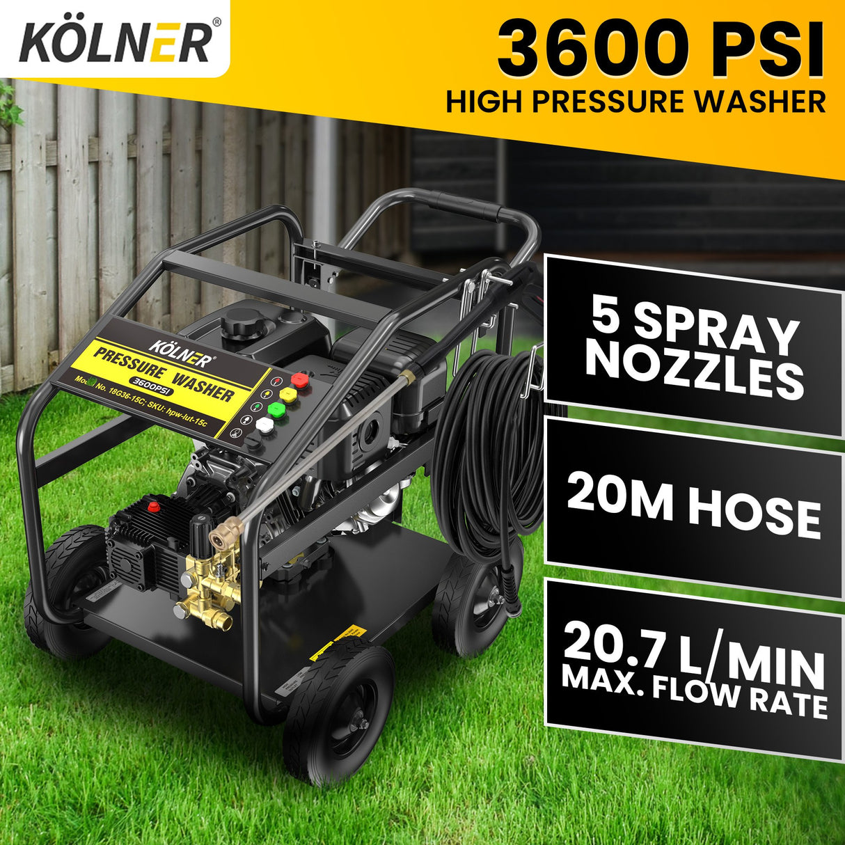 Kolner LT-15C 15HP 3600PSI Petrol Engine High Pressure Washer 20.7LPM