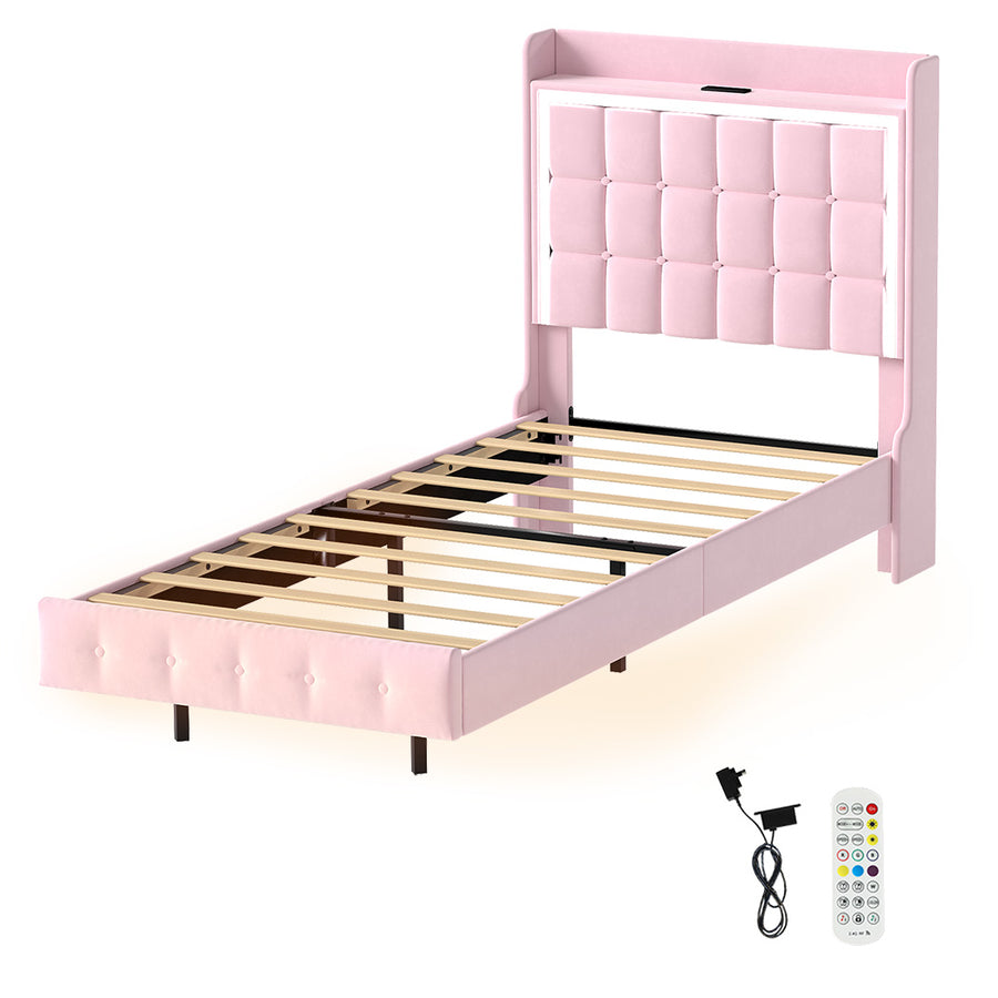 Levede Single Floating Bed Frame LED Headboard USB Pink-2006732795417858048