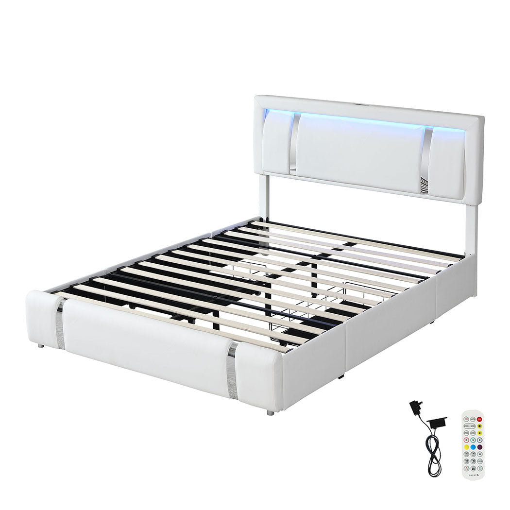 Levede King Bed Frame Leather Headboard RGB 2 Drawers-2006732796147666944