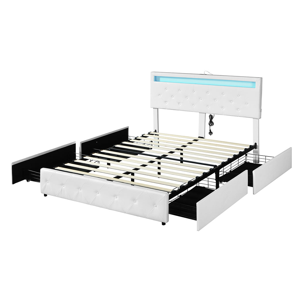 Levede Queen Bed Frame RGB LED PU 4 Drawer USB-2018816936401571840
