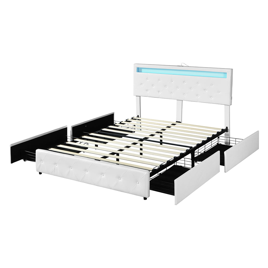Levede Double Bed Frame RGB LED PU 4 Drawer USB-2006732834257113088