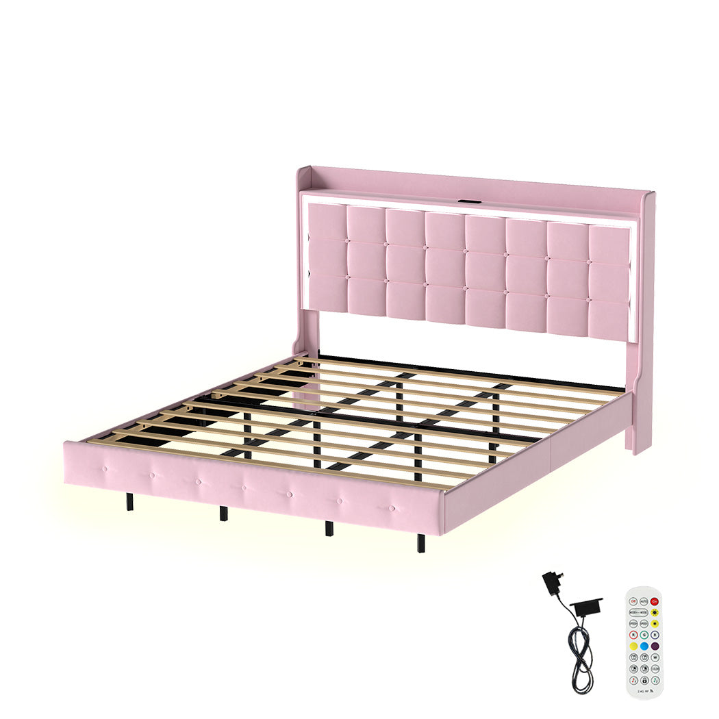 Levede King Floating Bed Frame LED Headboard USB Pink-2006732795224920064