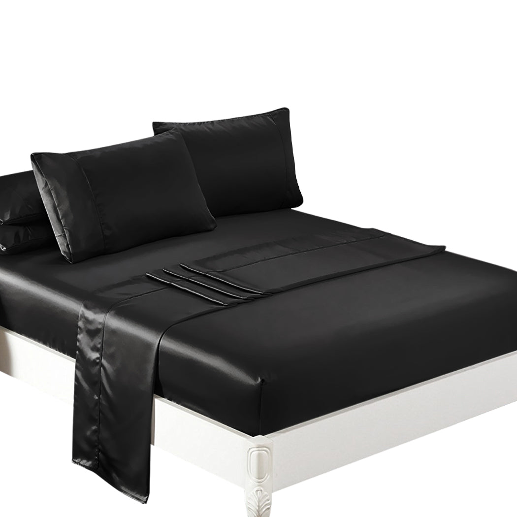 DreamZ Silky Satin Sheets Fitted Flat Queen Black-2006733218992230400