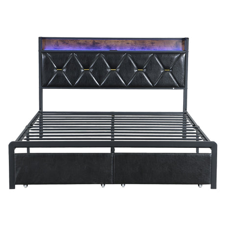 Levede Double Metal Bed Frame LED Lights 2 Drawers-1954802443862806529