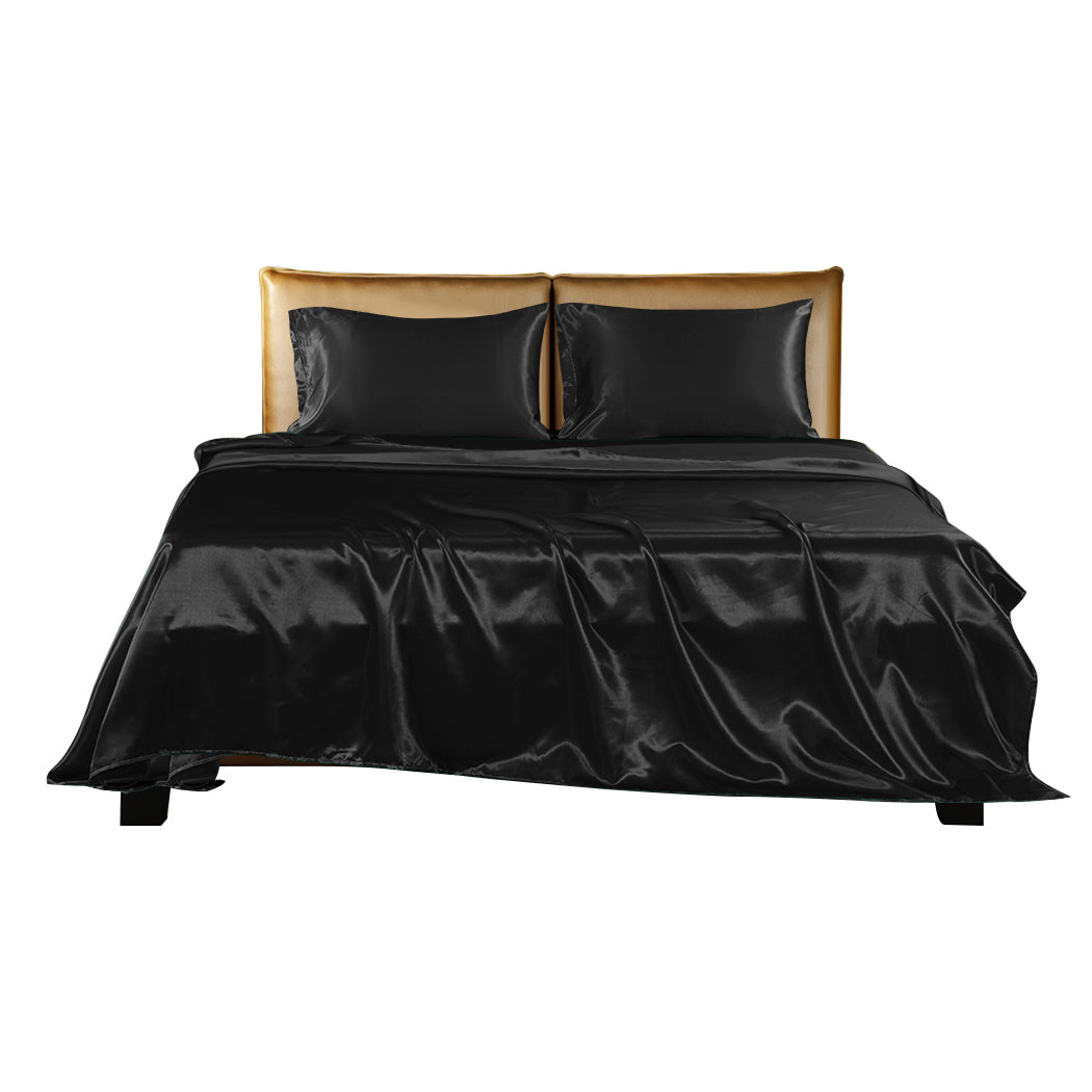 DreamZ Silky Satin Sheets Fitted Flat Queen Black-2006733218992230401