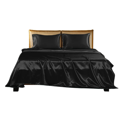 DreamZ Silky Satin Sheets Fitted Flat Queen Black-1954802914287554561