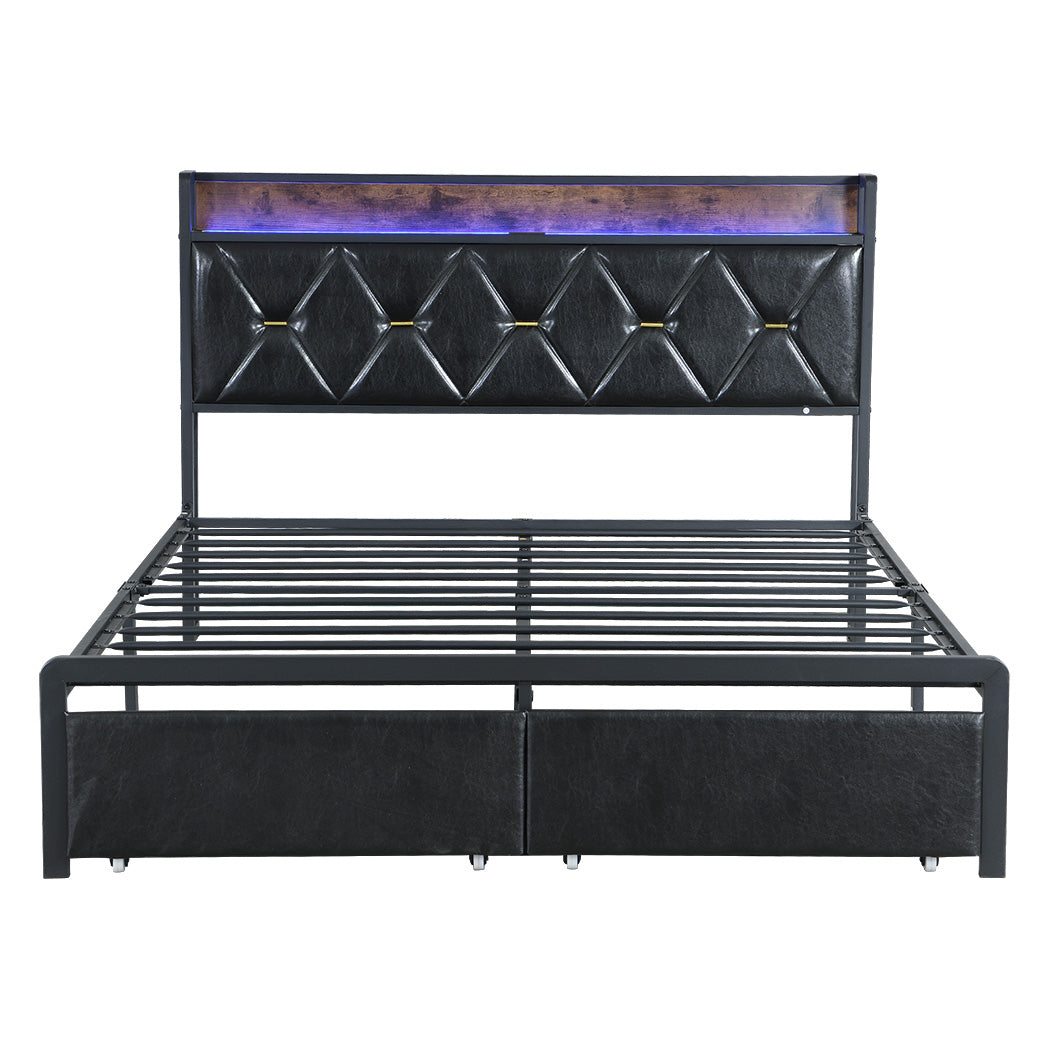 Levede Queen Metal Bed Frame LED Lights 2 Drawers-2018816912707948545