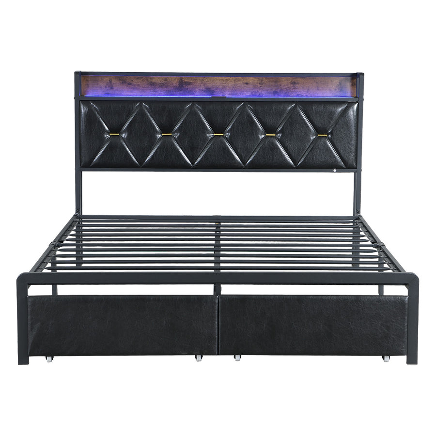 Levede Queen Metal Bed Frame LED Lights 2 Drawers-2018816912707948545