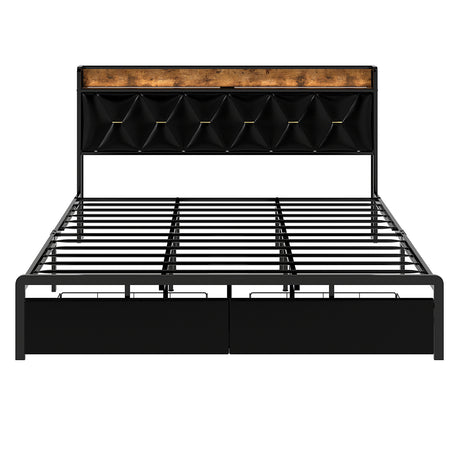 Levede King Bed Frame Leather Headboard RGB 2 Drawers-2006732795694682113