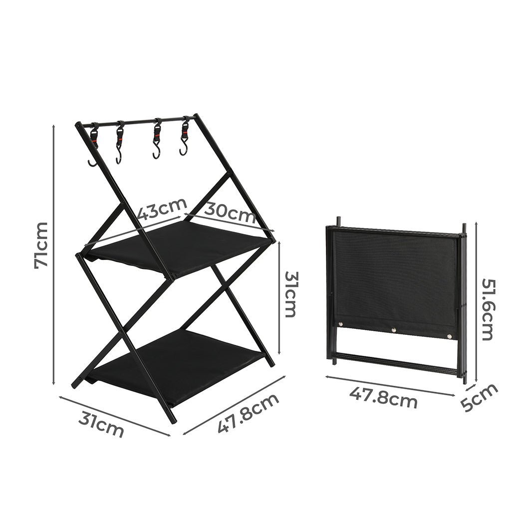 Levede Foldable Camping Storage Shelves 2 Layer with Hooks Black-2018816784416772098
