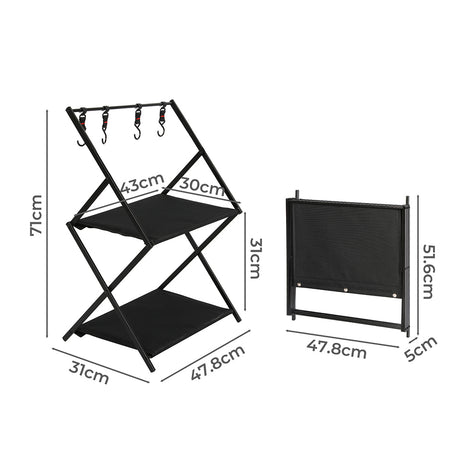 Levede Foldable Camping Storage Shelves 2 Layer with Hooks Black-2018816784416772098