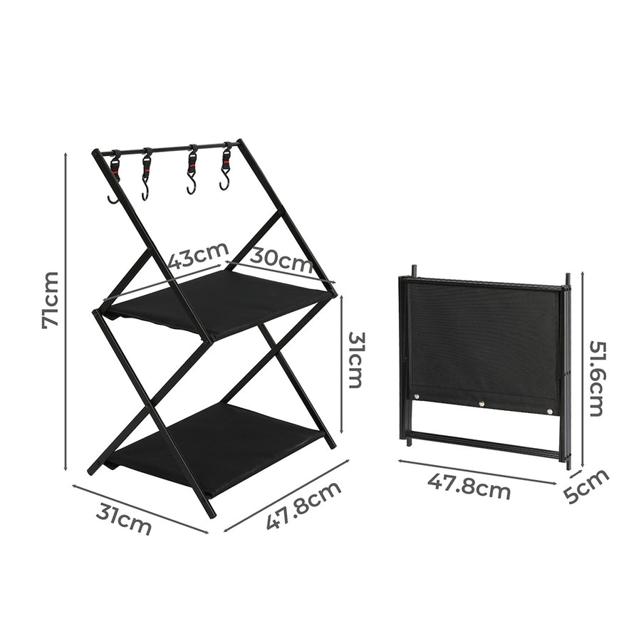 Levede Foldable Camping Storage Shelves 2 Layer with Hooks Black-2018816784416772098