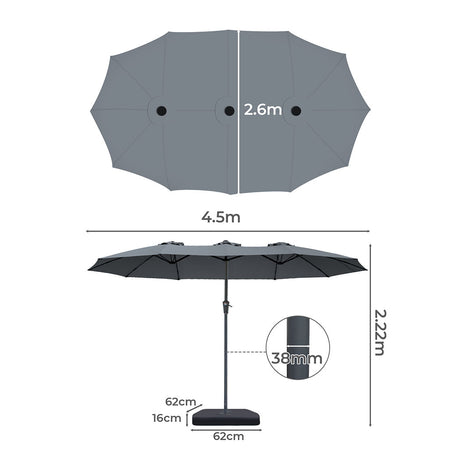 Centra 4.5M Double-sided Patio Umbrella Outdoor Umbrella Base Stand Grey-2018816843556458498