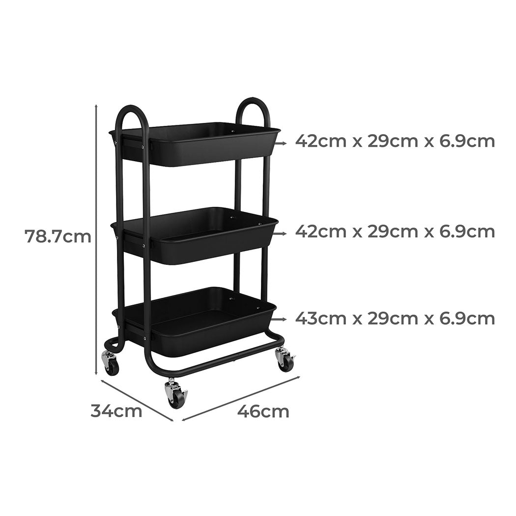 Levede 3 Tiers Kitchen Storage Trolley Black-2018816687264108546