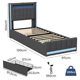 Levede Single Bed Frame Fabric Storage Drawer LED USB - Front View
