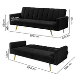 Levede Sofa Bed Convertible Velvet Lounge Recliner Couch Sleeper 3 Seater Black-2018816938825879554
