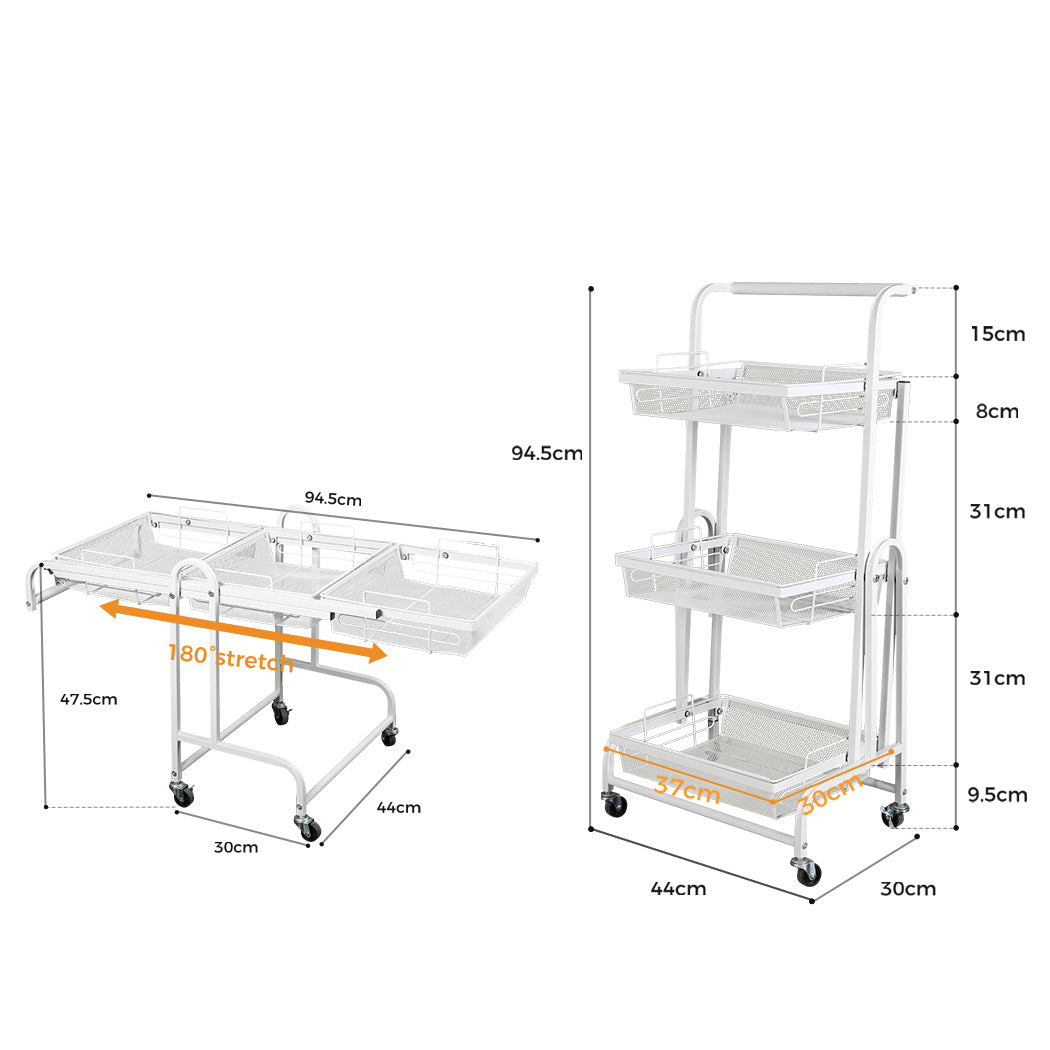 Levede 3 Tier Kitchen Trolley Cart Swivel White Colour-2018816816582889474