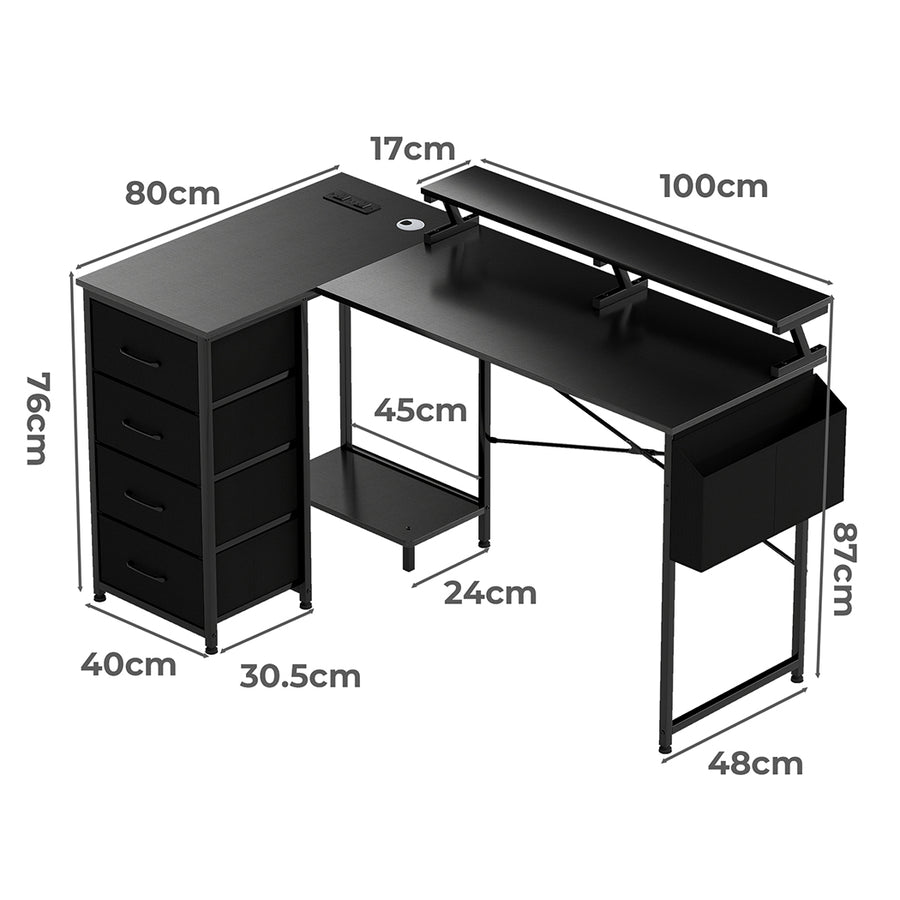 Levede L Shaped Gaming Desk with Storage Drawers Black-2006733412379004930