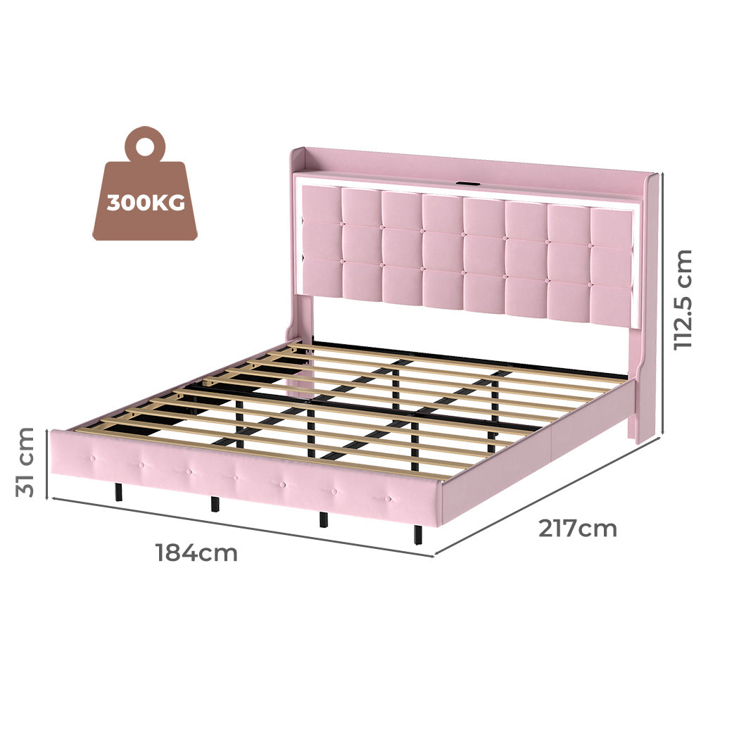 Levede King Floating Bed Frame LED Headboard USB Pink-2006732795224920066