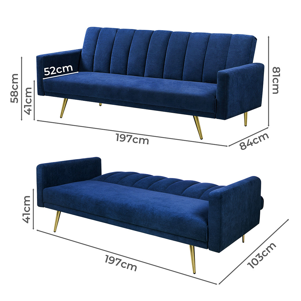 Levede Sofa Bed Convertible Velvet Lounge Recliner Couch Sleeper 3 Seater Blue-1954802342377426946
