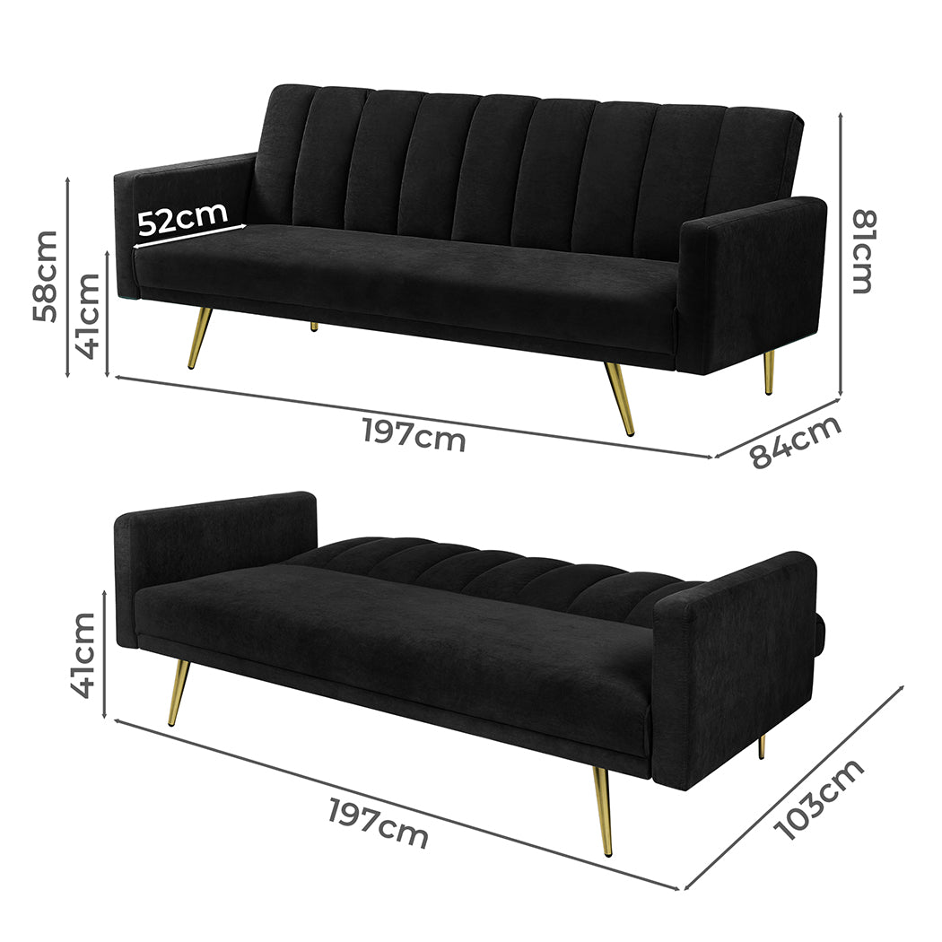 Levede Sofa Bed Convertible Velvet Lounge Recliner Couch Sleeper 3 Seater Black-1954802342197071874