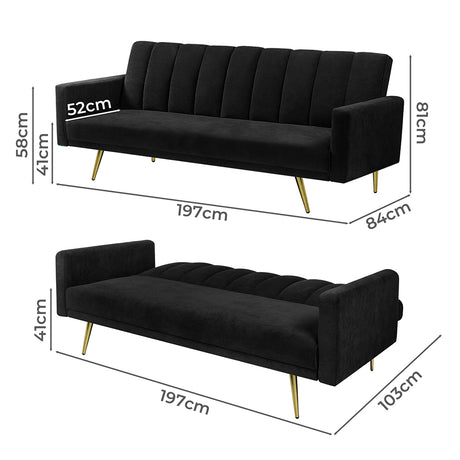 Levede Sofa Bed Convertible Velvet Lounge Recliner Couch Sleeper 3 Seater Black-1954802342197071874