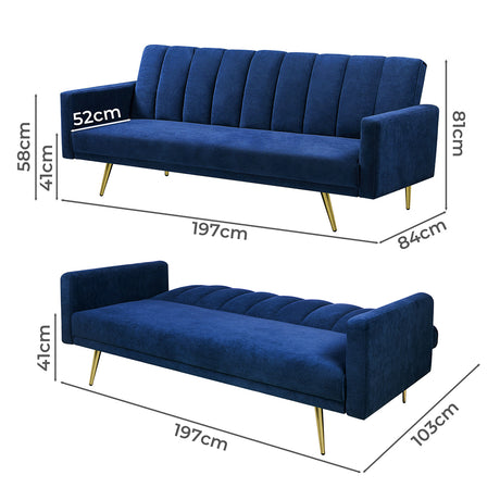 Levede Sofa Bed Convertible Velvet Lounge Recliner Couch Sleeper 3 Seater Blue-2006732804825681922