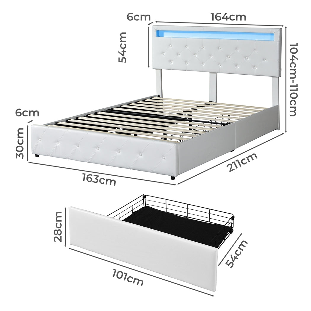 Levede Queen Bed Frame RGB LED PU 4 Drawer USB-2018816936401571842