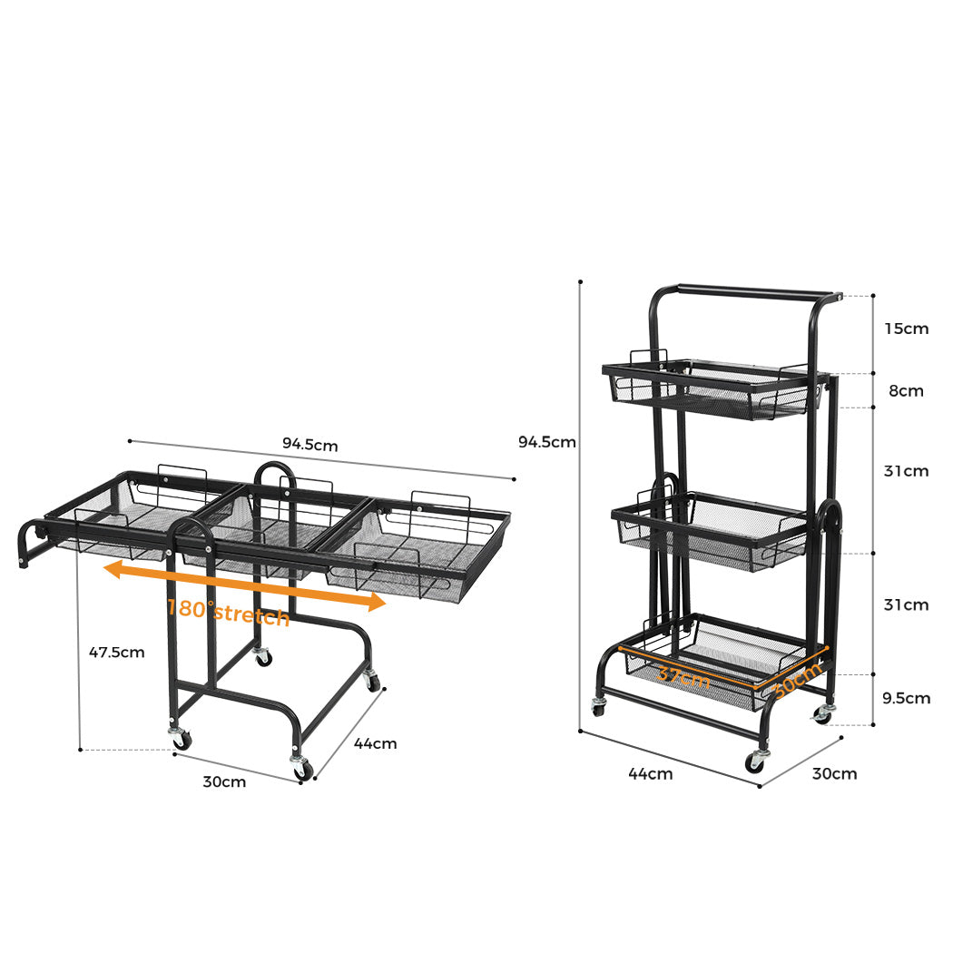 Levede 3 Tier Kitchen Trolley Cart Swivel Black Colour-2018816800040554498