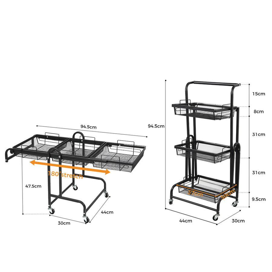 Levede 3 Tier Kitchen Trolley Cart Swivel Black Colour-2018816800040554498